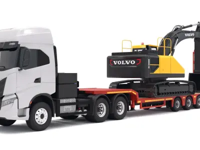 Iveco S-WAY Tractor and Lowboy Trailer with Excavator Volvo 3D model