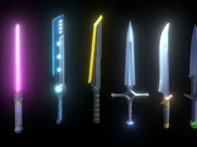 Cartoon Medieval Swords and Futuristic Laser Weapons Low-poly 3D model