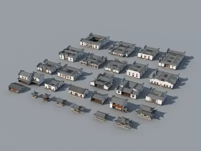 town Chinese style commercial residential buildings 3D model get