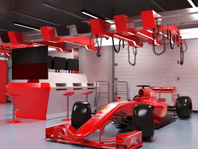 Race Car Garage and Formula One Car 3D model