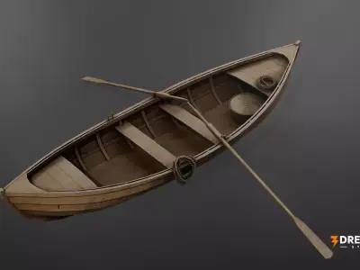 Medieval Fisherman Rowboat -  Wooden Fishing Boat Low-poly 3D model