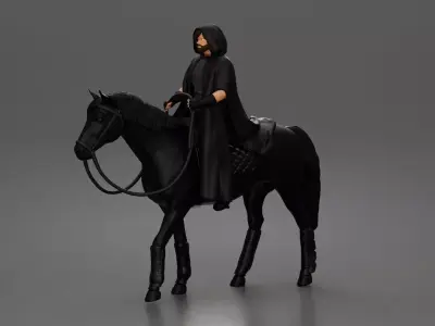 Mysterious hooded rider on dark steed ventures into silent night 3D print model