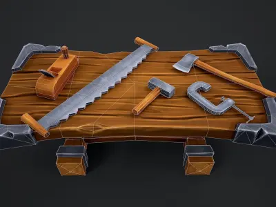 Stylized Carpentry Bench table tools Low-poly 3D model