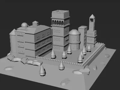 Low Poly Castle 5 building Low-poly 3D model