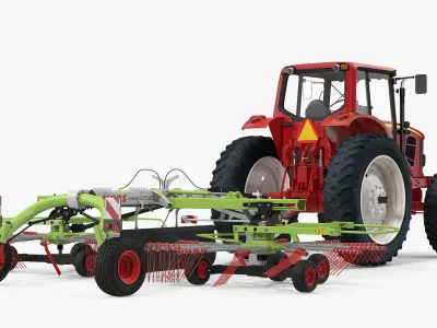 Tractor with Twin Rotor Rake Claas Liner 2700 Rigged 3D model