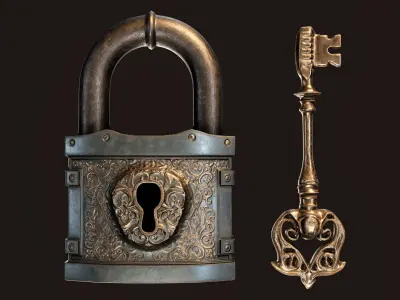 Fantasy Padlock with Key Low-poly 3D model