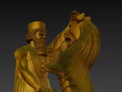 Ancient Persian Warrior and Lion - Mesopotamian Relief Sculpture 3D print model