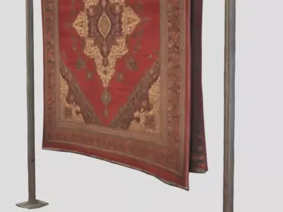 Vintage Carpet Hanging on Metal Rack Realistic 3D Model 3D model
