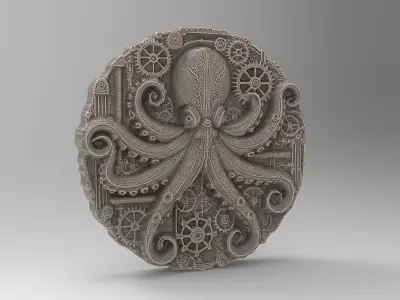 Steampunk Octopus Coin Plaque -Detailed Mechanical Decor 3D print model