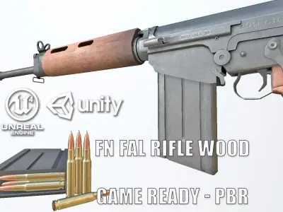 PBR FN FAL Rifle Wood Low-poly 3D model