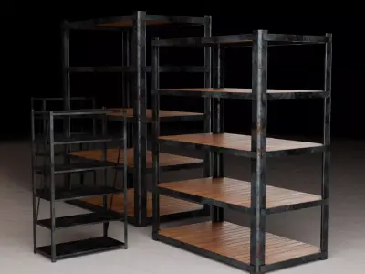 Industrial Metal Wood Shelving Set Low-poly 3D model