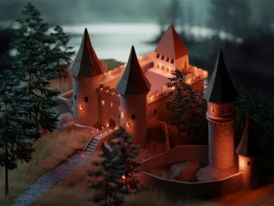 3D Low Poly Medieval Castle Scene Low-poly 3D model