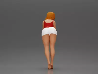 Confident Girl in Red Top and White Shorts Posing Playfully 3D print model