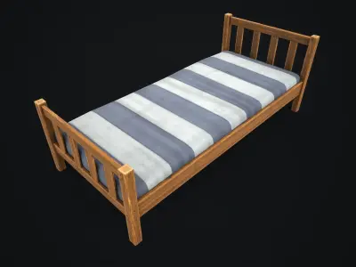 Wooden simple single bed Low-poly 3D model