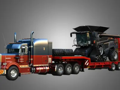 57P Heavy Duty 3-Axle Semi Truck with Combine Harvester  3 in 1 3D Model Pack