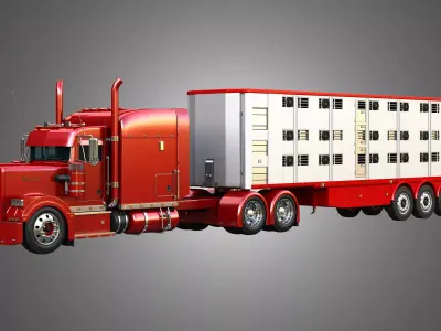 Semi Truck Ultra Cab Sleeper Custom and Animal Transport Trailer 3D Model Pack
