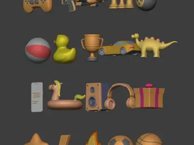 Cartoon Icon Pack - Game Controller - Plane - Car - Gun - Ball Low-poly 3D model