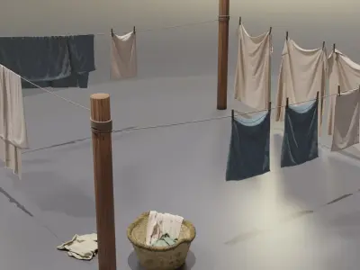 Clothes Line with Laundry Basket and Hanging Linens 3D model