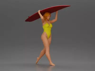 woman in swimsuit carrying a red surfboard on her shoulders 3D print model