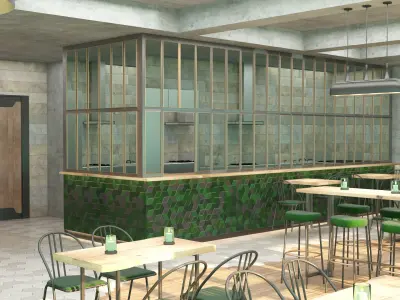 Industrial coffee bar restaurant interior design 3D model