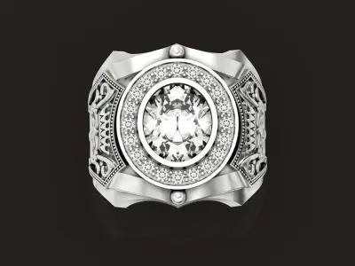mens signet ring large with oval stone and pattern 1411 3D print model