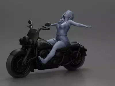 Woman in outfit stretching arms wide while sitting on motorcycle 3D print model