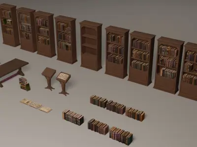 Bookcases library with bookshelves and chairs Low-poly 3D model
