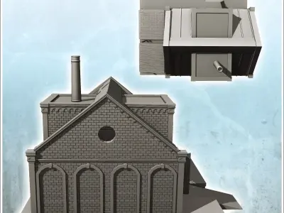 Brick industrial storage warehouse on platform with chimney and  3D print model