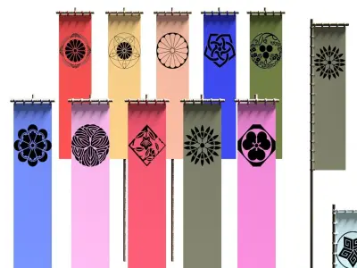 Japanese Battle Flags Pack 2 Styles over 400 Crests HQ War Low-poly 3D model