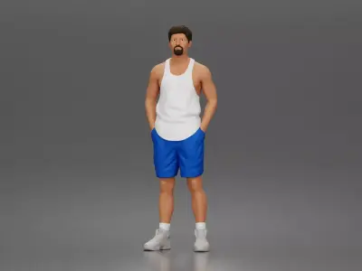 Man stands hands in pockets wearing tanktop shorts 3D print model