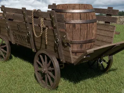 Wooden horse-drawn wagon Low-poly 3D model