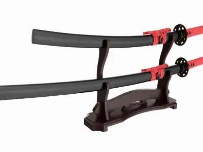 Japanese two sword Katana Wakizashi on a stand 3D model
