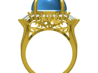 Antique Cabochon Stone Round and Baguette Diamond Cluster Ring 3D print model
