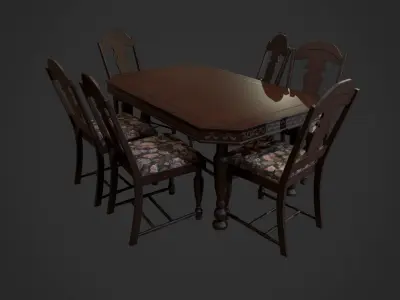 Antique Table and Chairs Low-poly 3D model
