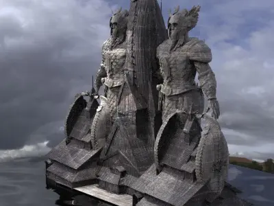 Viking Hall exterior ship design With Statue of warrior 2 3D model