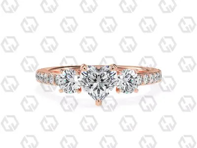 Ring 124 Heart cathedral pave set shank 3 stone ring 3D print model