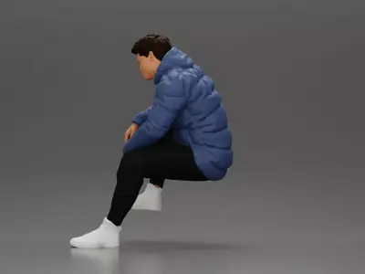 performer crouching in puffer jacket athletic stance setting 3D print model