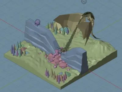 The dragon low poly snowman in middle of frozen lake 3D model