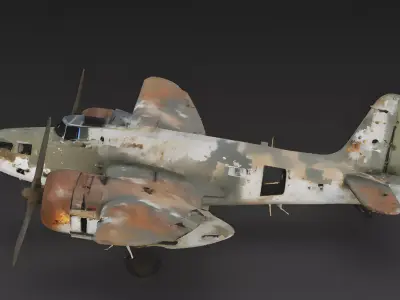 Realistic Wrecked Vintage Twin-Engine Bomber 3D Model Low-poly 3D model