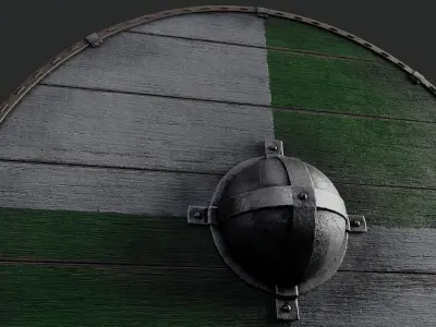 Slavic round wooden shield-painted green and white Low-poly 3D model