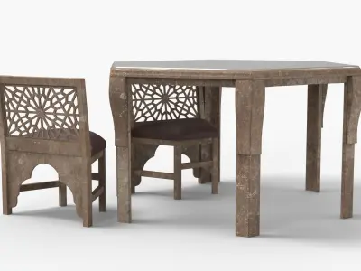 Old Moroccan Carved Wooden Table with Chair 3D model