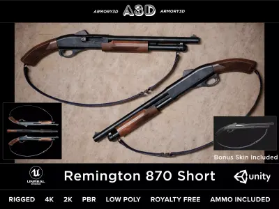 Game Ready Remington 870 Shotgun Short PBR Rigged Low-poly 3D model