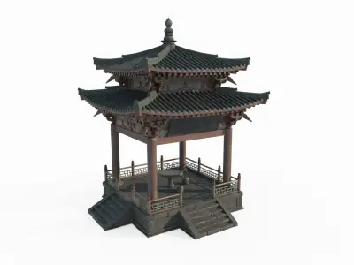 Two story pavilion with Asian ancient architectural landscape 3D model