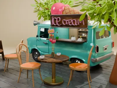 Isometric Coffee and Ice Cream Truck  Low Poly Stylized 3D Scene Low-poly 3D model