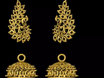 jumka peacock earring set in gold 3D print model
