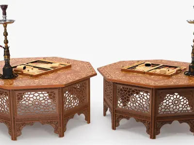  Oriental Wooden Table with Hookah and Backgammon 