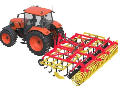 Kubota M130X1 Tractor and Agricultural Cultivator Low-poly 3D model