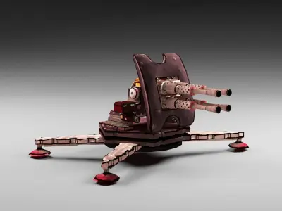 Cartoon 4-gun turret Low-poly 3D model