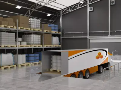Warehouse 3 orange and truck in 3D model