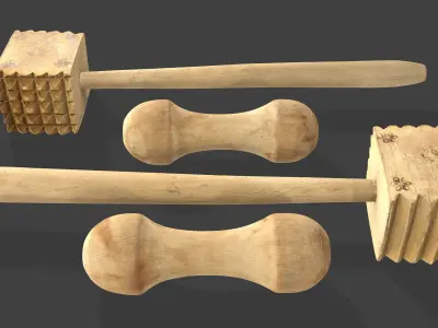 Wooden Kitchen Utensils - Meat Mallets and Rolling Pins Low-poly 3D model
